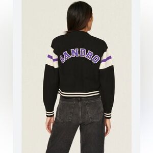 Sandro Ashton Varsity Cardigan Black Jacket with Purple Lettering S